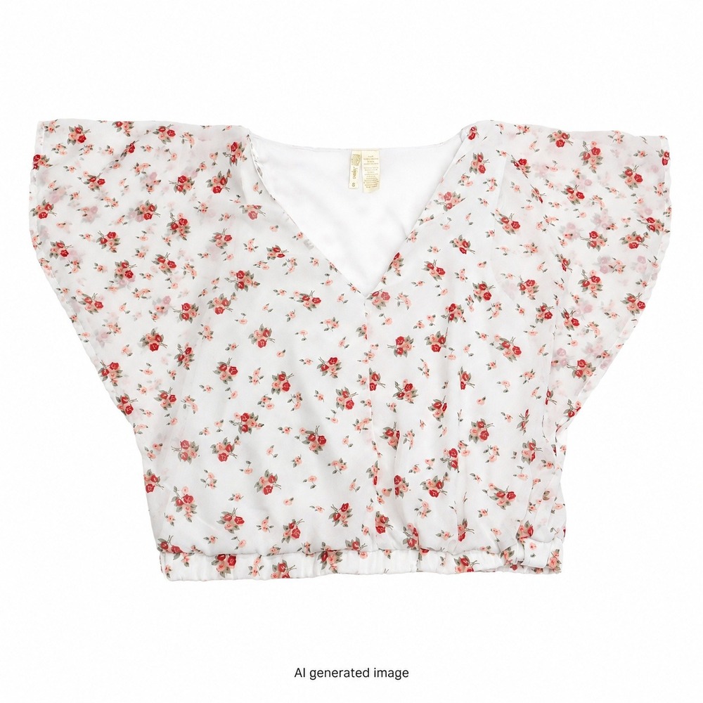 Japna Blouse Small‎ White Floral Crop Top Flutter Sleeve V-Neck Chiffon lined